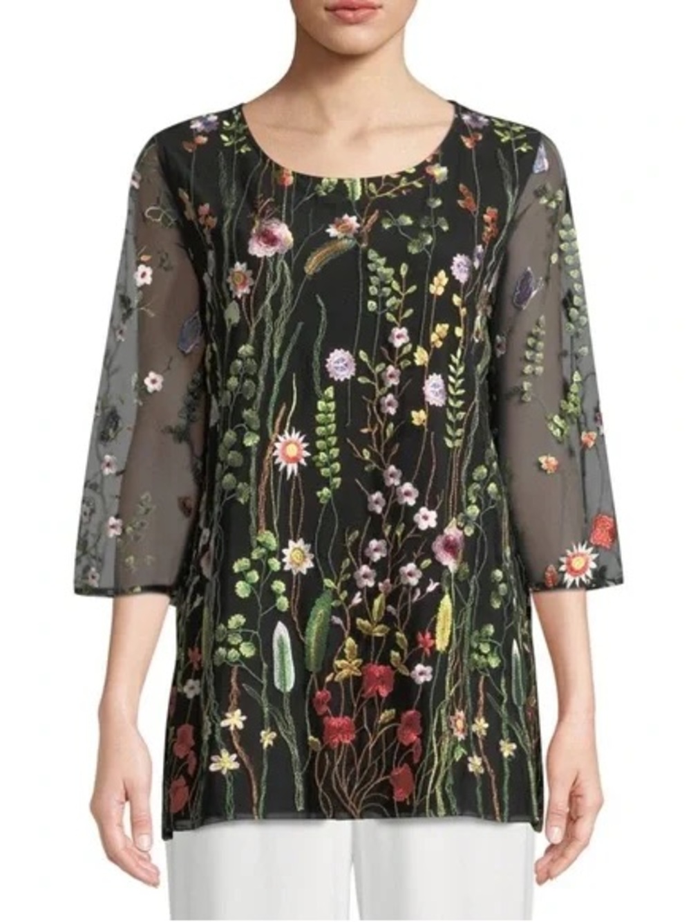 Caroline Rose GARDEN All Embroidered Floral Blouse Shirt Top Mesh Petite Large